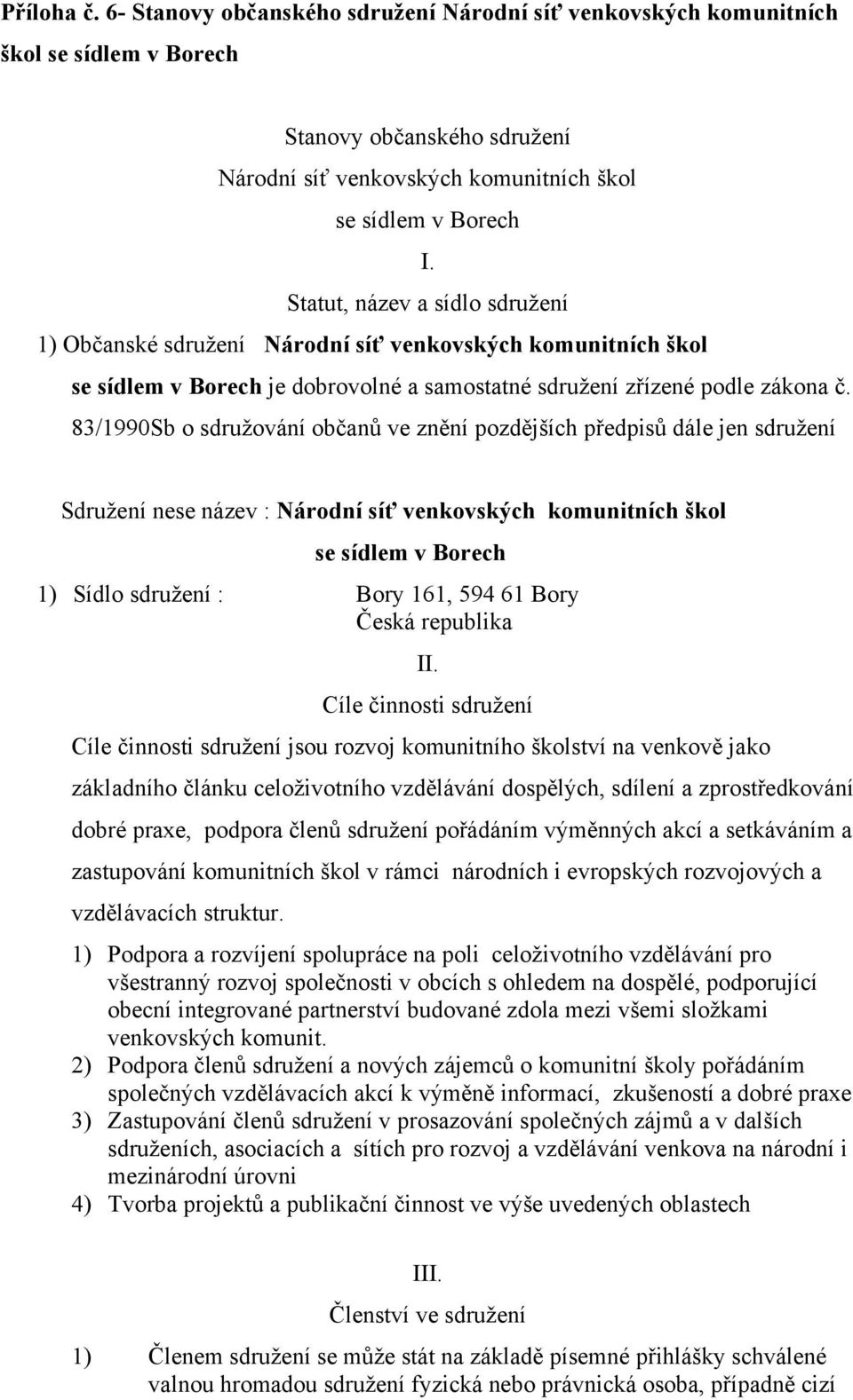 83/1990Sb o sdruţování občanů ve znění pozdějších předpisů dále jen sdruţení Sdruţení nese název : Národní síť venkovských komunitních škol se sídlem v Borech 1) Sídlo sdruţení : Bory 161, 594 61