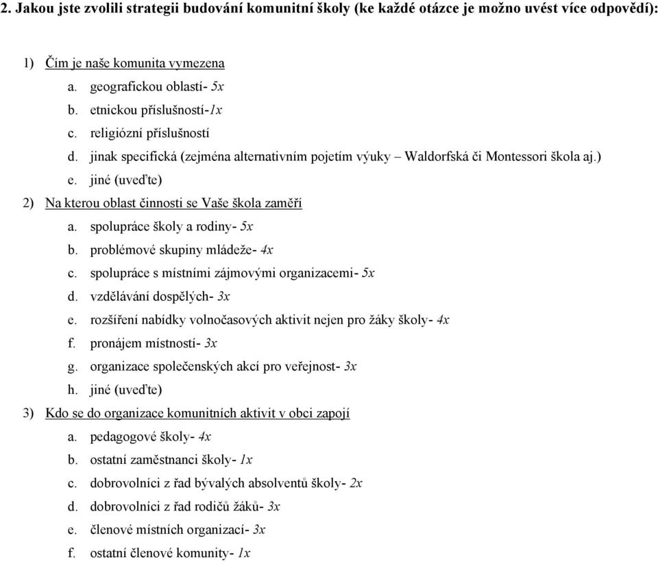 spolupráce školy a rodiny- 5x b. problémové skupiny mládeţe- 4x c. spolupráce s místními zájmovými organizacemi- 5x d. vzdělávání dospělých- 3x e.