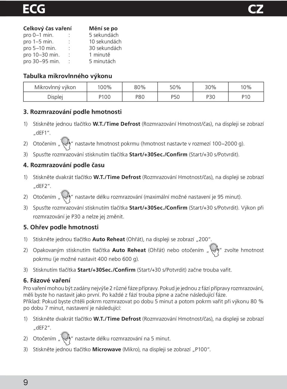 2) Otočením nastavte hmotnost pokrmu (hmotnost nastavte v rozmezí 100 2000 g). 3) Spusťte rozmrazování stisknutím tlačítka Start/+30Sec./Confirm (Start/+30 s/potvrdit). 4.