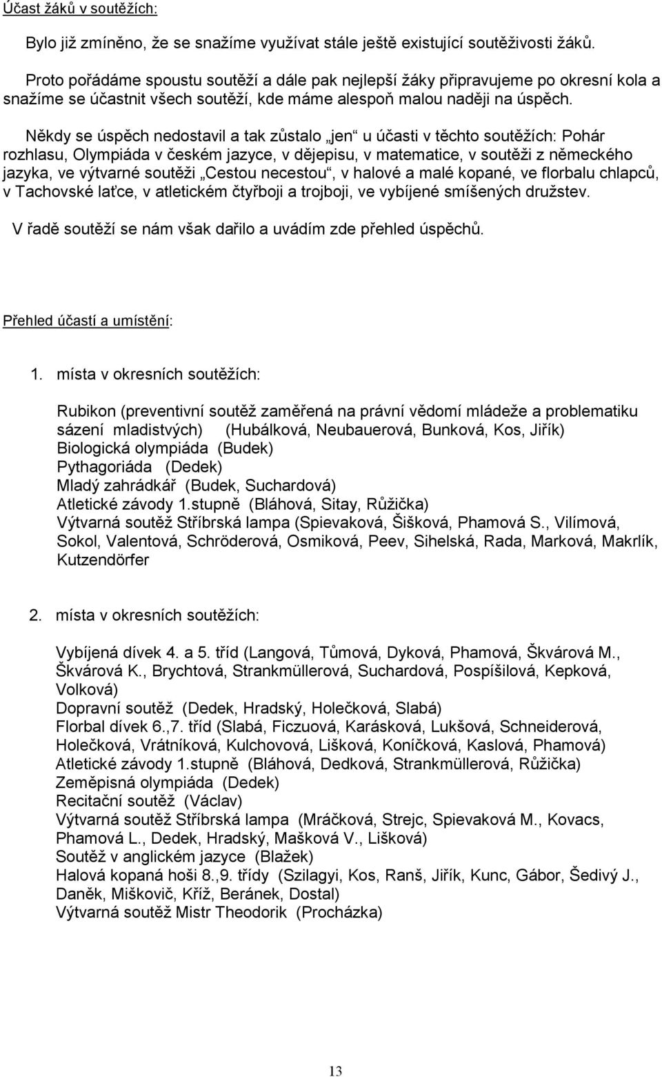 Někdy se úspěch nedostavil a tak zůstalo jen u účasti v těchto soutěžích: Pohár rozhlasu, Olympiáda v českém jazyce, v dějepisu, v matematice, v soutěži z německého jazyka, ve výtvarné soutěži Cestou