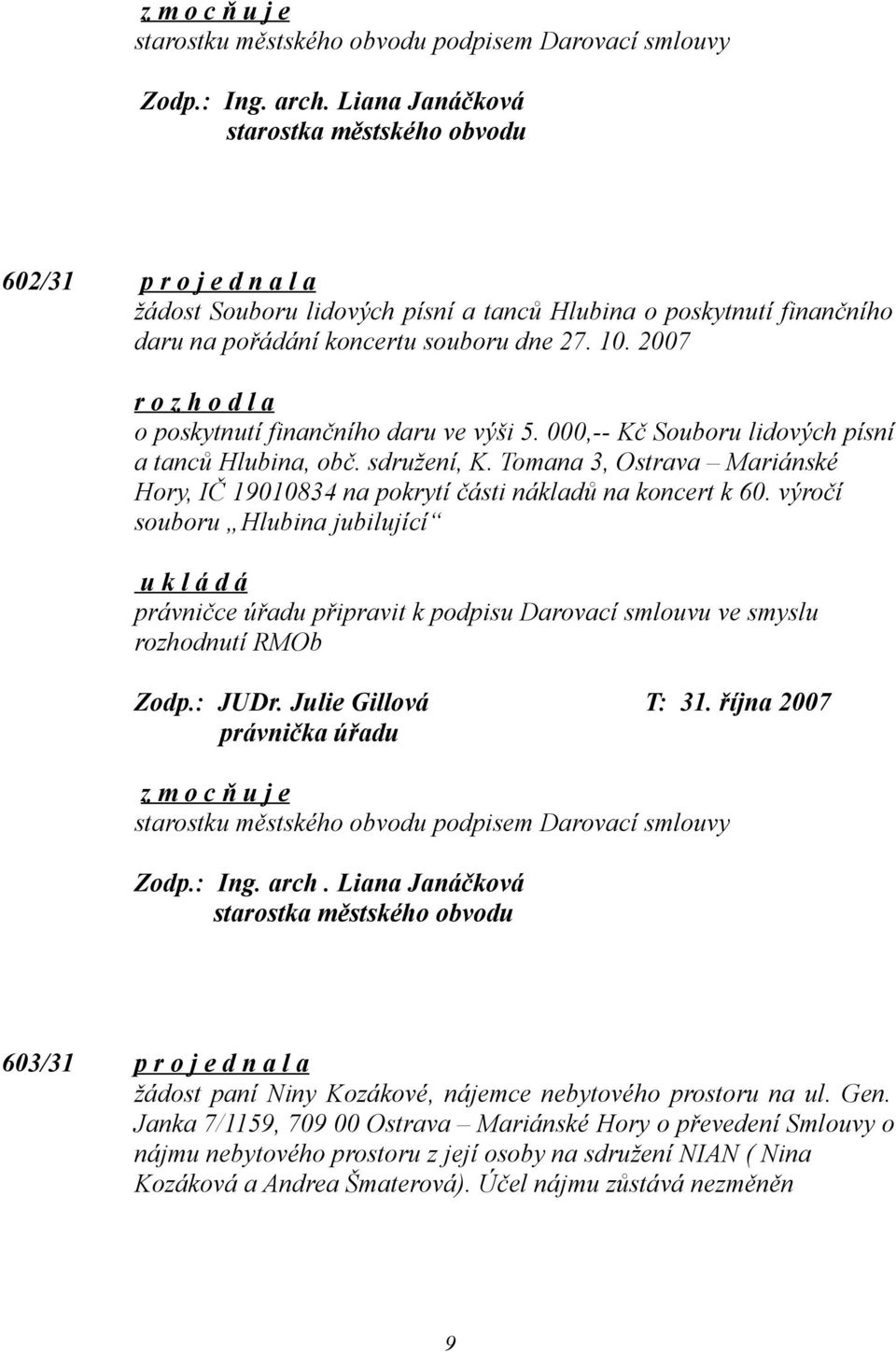 výročí souboru Hlubina jubilující právničce úřadu připravit k podpisu Darovací smlouvu ve smyslu rozhodnutí RMOb Zodp.: JUDr. Julie Gillová T: 31.