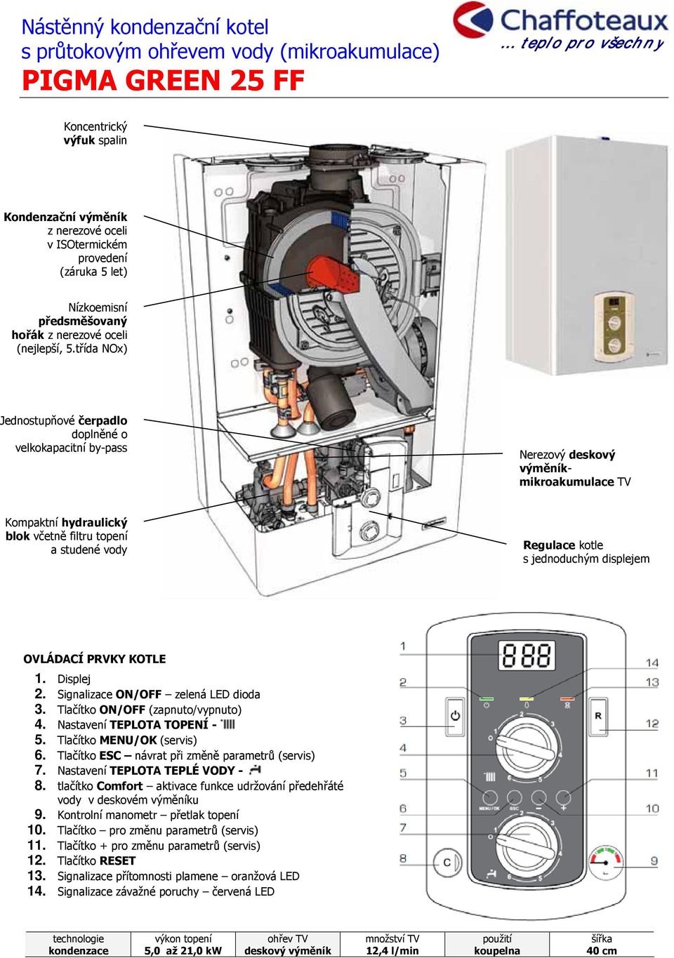 třída NOx) Jednostupňové čerpadlo doplněné o velkokapacitní by-pass Nerezový deskový výměníkmikroakumulace TV Kompaktní hydraulický blok včetně filtru topení a studené vody Regulace kotle s