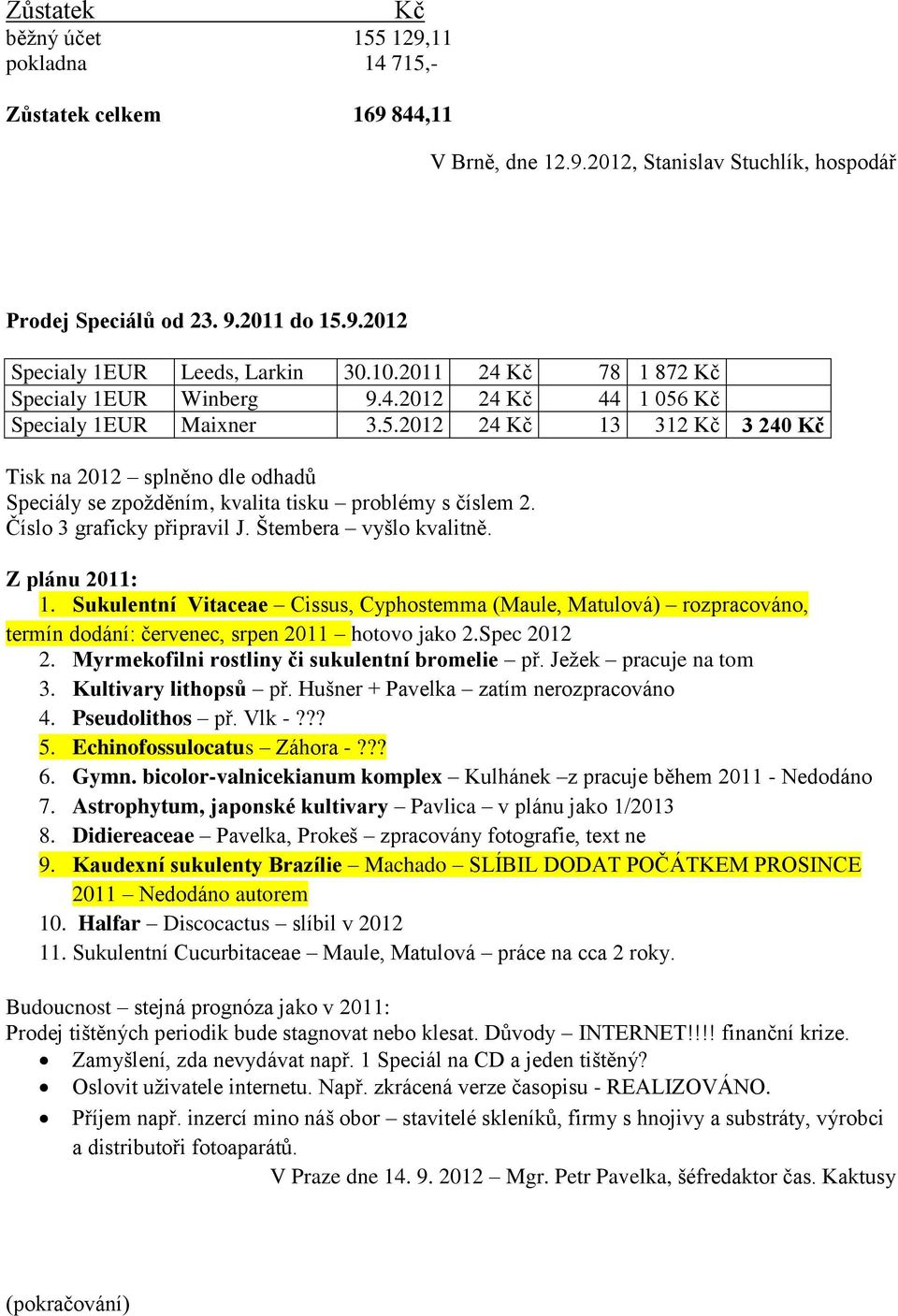 Číslo 3 graficky připravil J. Štembera vyšlo kvalitně. Z plánu 2011: 1. Sukulentní Vitaceae Cissus, Cyphostemma (Maule, Matulová) rozpracováno, termín dodání: červenec, srpen 2011 hotovo jako 2.