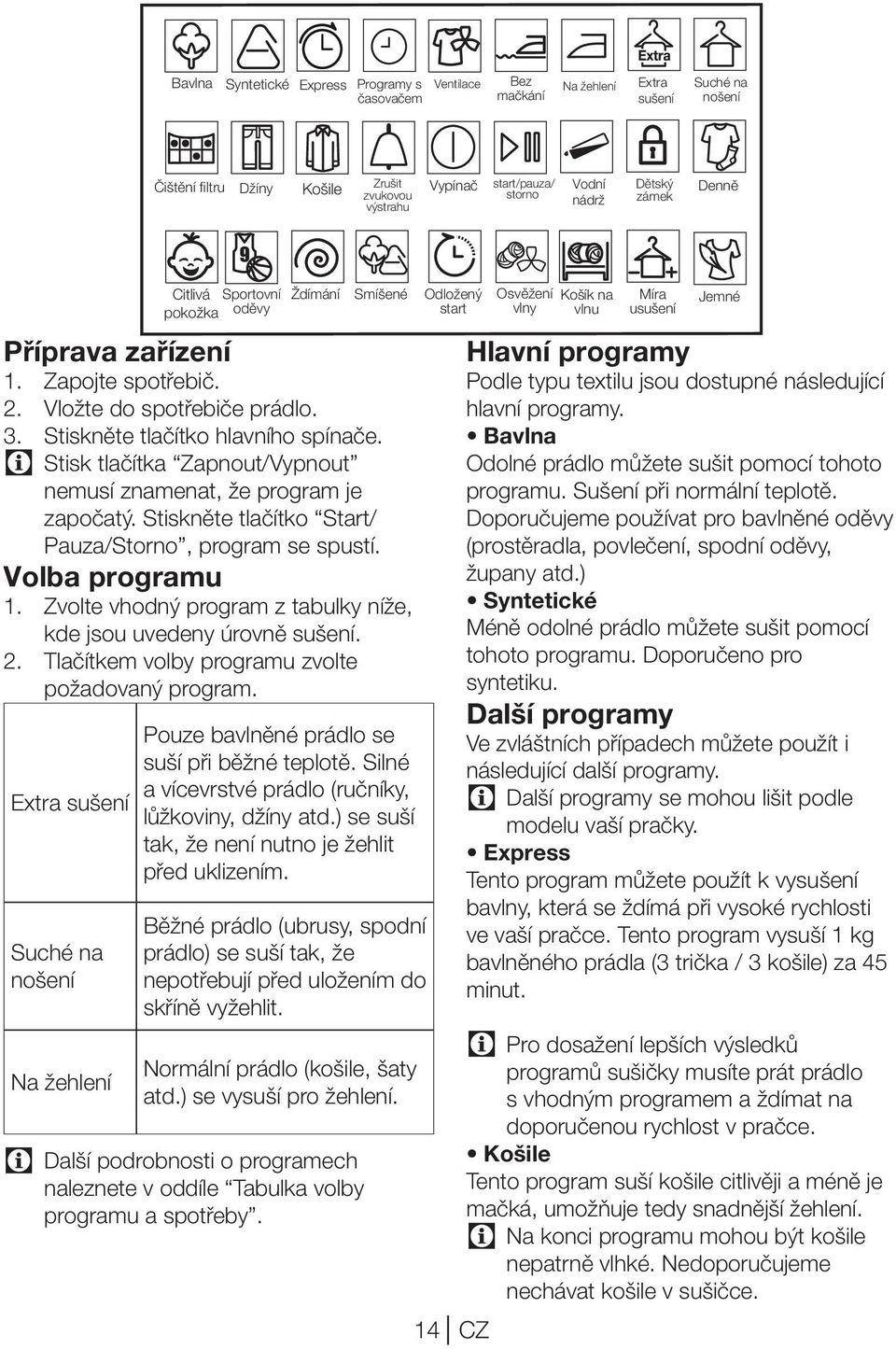 Stisk tlačítka Zapnout/Vypnout nemusí znamenat, že program je započatý. Stiskněte tlačítko Start/ Pauza/Storno, program se spustí. Volba programu 1.