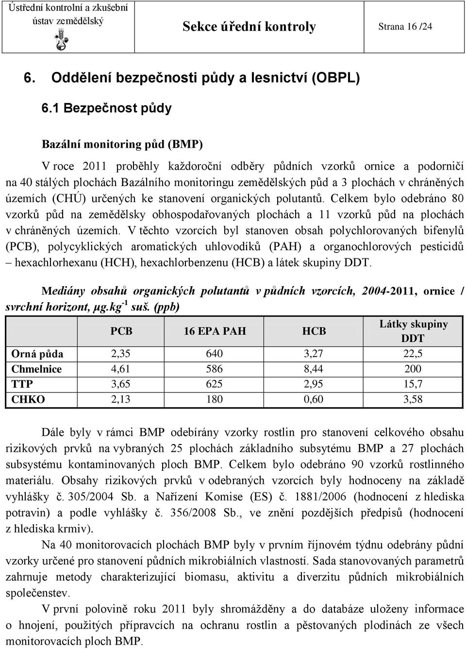 chráněných územích (CHÚ) určených ke stanovení organických polutantů. Celkem bylo odebráno 80 vzorků půd na zemědělsky obhospodařovaných plochách a 11 vzorků půd na plochách v chráněných územích.