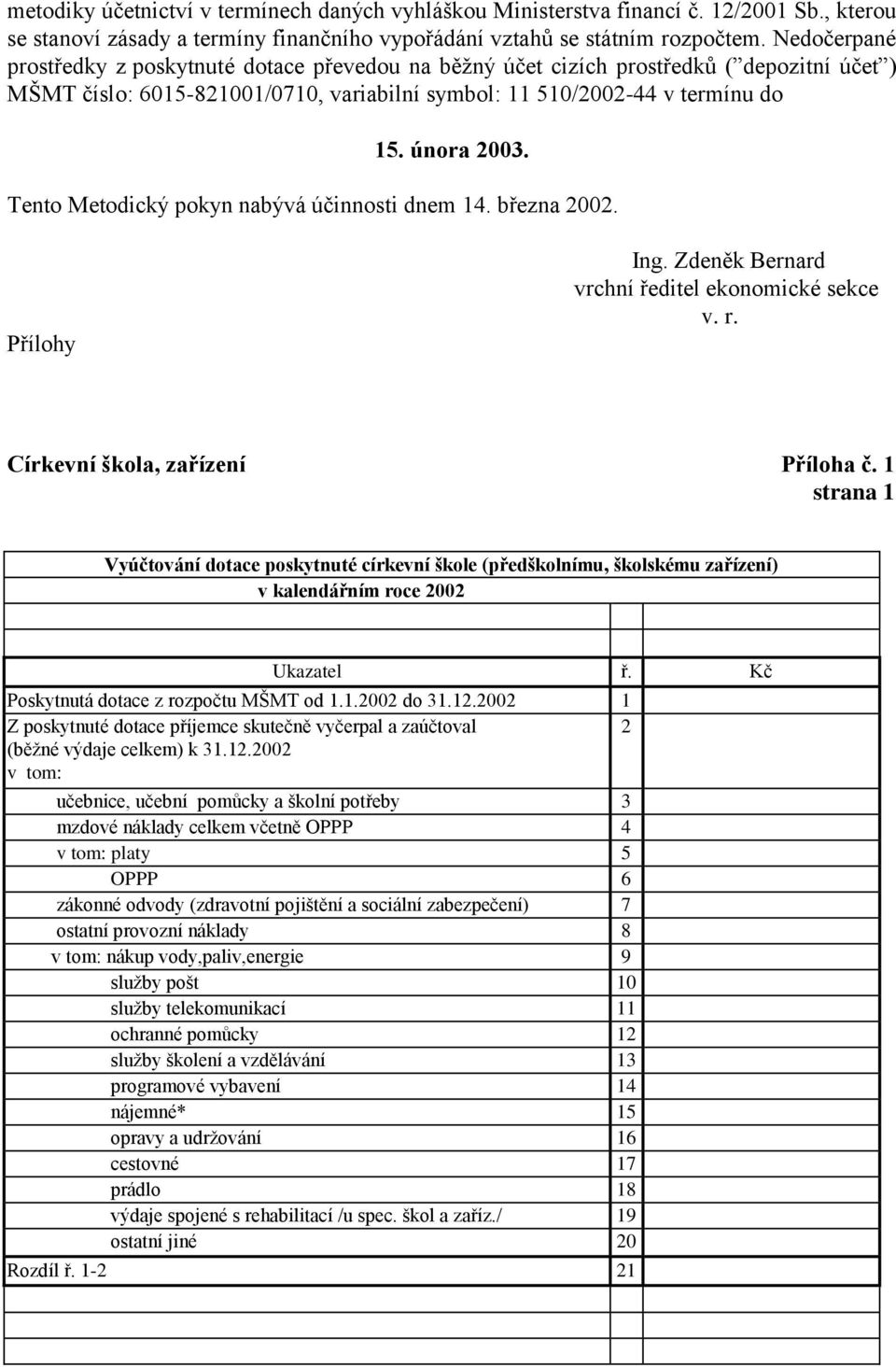 Tento Metodický pokyn nabývá účinnosti dnem 14. března 2002. Přílohy Ing. Zdeněk Bernard vrchní ředitel ekonomické sekce v. r. Církevní škola, zařízení Příloha č.