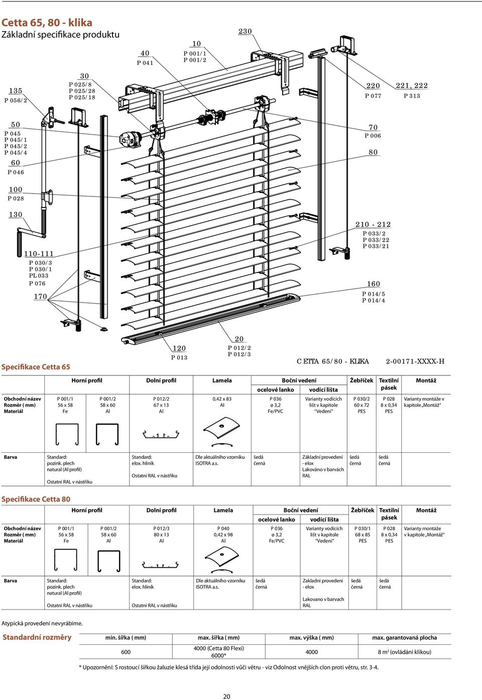 2-00171-XXXX-H Obchodní název Rozměr ( mm) Materiál P 001/1 56 x 58 Fe Horní profil Dolní profil Lamela Boční vedení Žebříček Textilní ocelové lanko vodící lišta pásek P 001/2 58 x 60 Al P 012/2 67 x