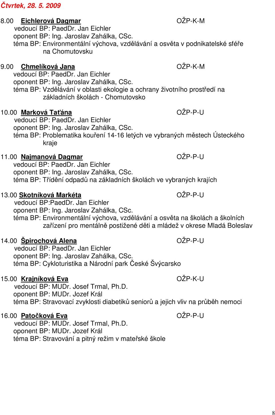 00 Marková Taťána OŽP-P-U vedoucí BP: PaedDr. Jan Eichler téma BP: Problematika kouření 14-16 letých ve vybraných městech Ústeckého kraje 11.00 Najmanová Dagmar OŽP-P-U vedoucí BP: PaedDr.