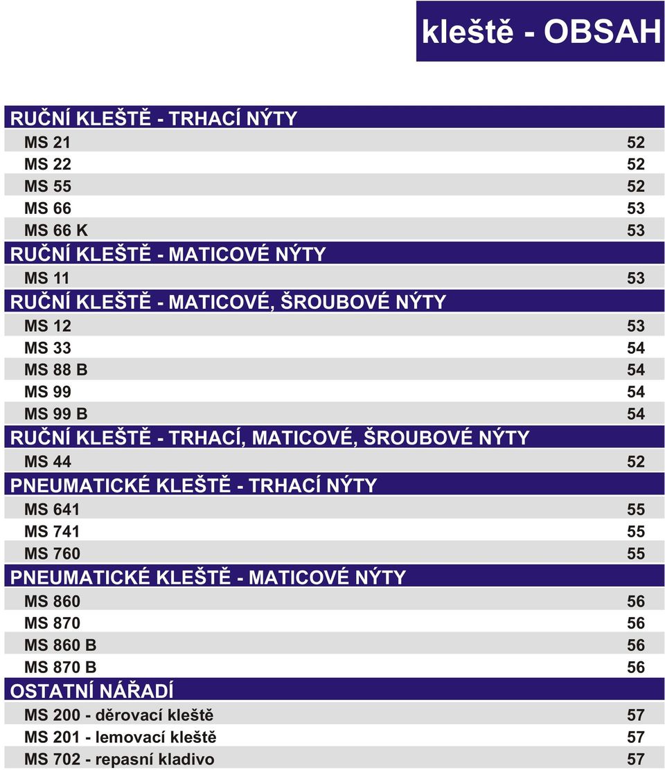 ŠROUBOVÉ NÝTY MS 44 52 PNEUMATICKÉ KLEŠTÌ - TRHACÍ NÝTY MS 641 55 MS 741 55 MS 760 55 PNEUMATICKÉ KLEŠTÌ - MATICOVÉ NÝTY MS 860