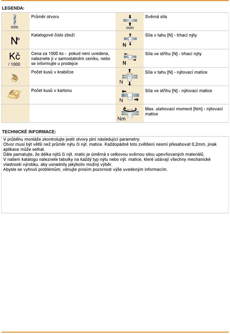 utahovací moment [Nm] - nýtovací matice TECHNICKÉ INFORMACE: V průběhu montáže zkontrolujte jestli otvory plní násleující parametry: Otvor musí být větší než průměr nýtu či nýt. matice. Kažopáně toto zvětšení nesmí přesahovat 0,2mm, jinak aplikace může selhat.