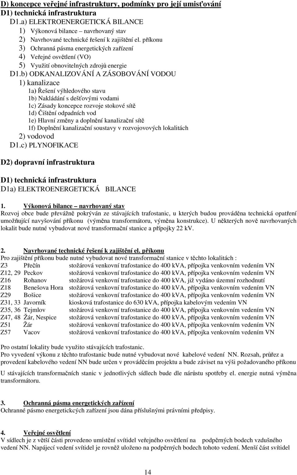 příkonu 3) Ochranná pásma energetických zařízení 4) Veřejné osvětlení (VO) 5) Využití obnovitelných zdrojů energie D1.