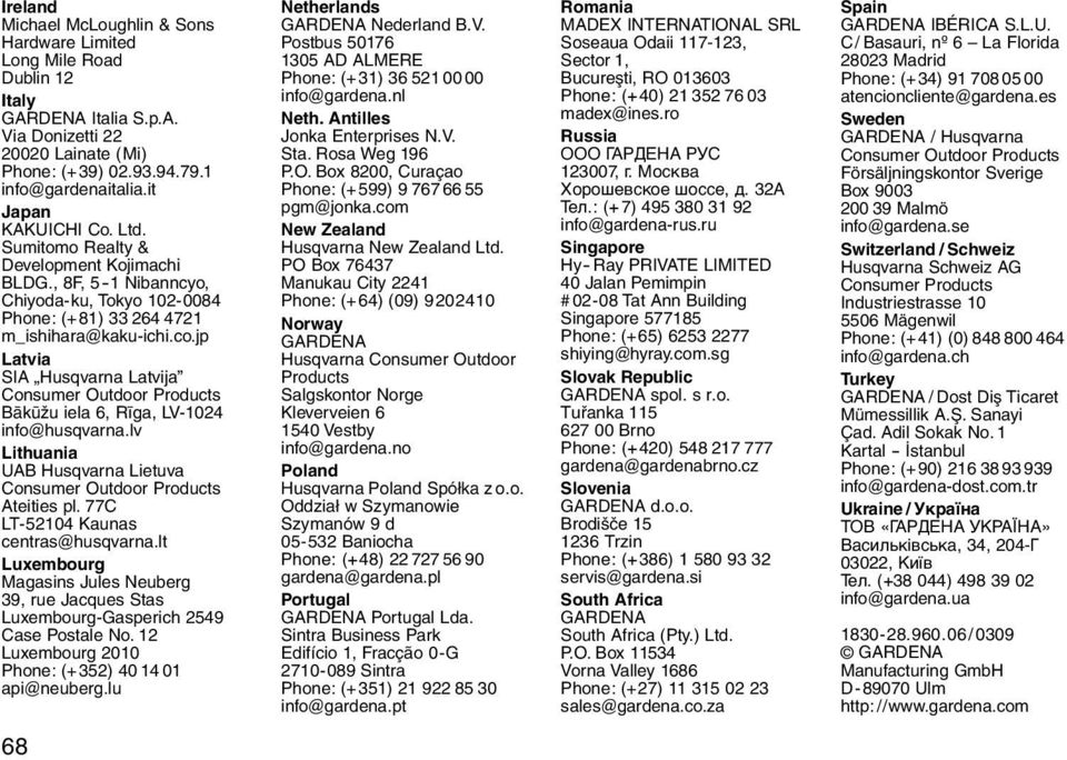 jp Latvia SIA Husqvarna Latvija Consumer Outdoor Products Bakužu iela 6, Riga, LV-1024 info@husqvarna.lv Lithuania UAB Husqvarna Lietuva Consumer Outdoor Products Ateities pl.