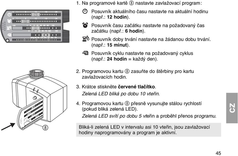 Posuvnнk cyklu nastavte na poћadovanэ cyklus (napш.: 24 hodin = kaћdэ den). 2. Programovou kartu 8 zasuтte do љtмrbiny pro kartu zavlaћovacнch hodin. 3. Krбtce stisknмte иervenй tlaинtko.