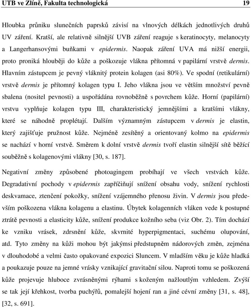 Naopak záření UVA má nižší energii, proto proniká hlouběji do kůže a poškozuje vlákna přítomná v papilární vrstvě dermis. Hlavním zástupcem je pevný vláknitý protein kolagen (asi 80%).