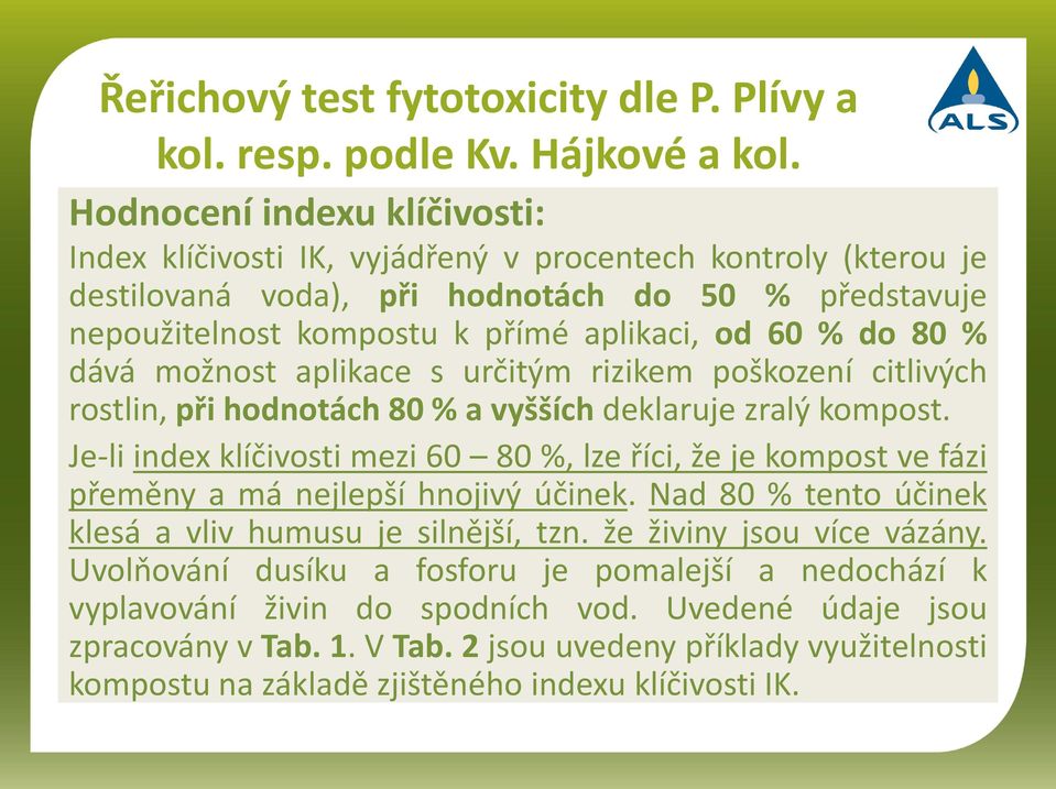 80 % dává možnost aplikace s určitým rizikem poškození citlivých rostlin, při hodnotách 80 % a vyšších deklaruje zralý kompost.