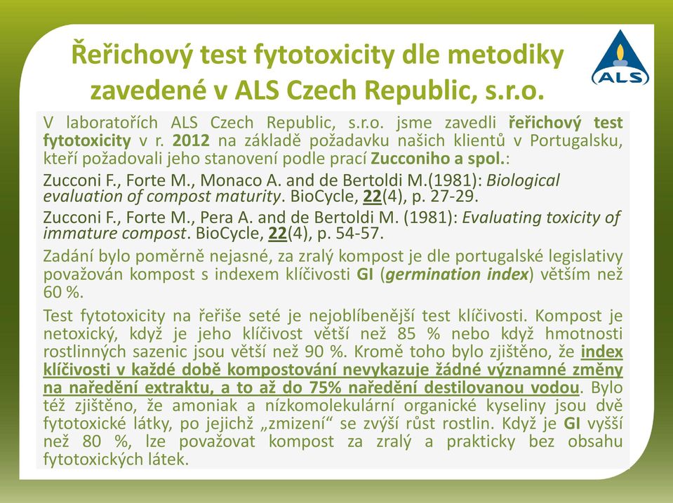 (1981): Biological evaluation of compost maturity. BioCycle, 22(4), p. 27-29. Zucconi F., Forte M., Pera A. and de Bertoldi M. (1981): Evaluating toxicity of immature compost. BioCycle, 22(4), p. 54-57.