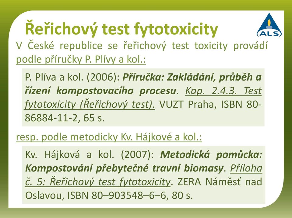 Test fytotoxicity (Řeřichový test). VUZT Praha, ISBN 80-86884-11-2, 65 s. resp. podle metodicky Kv. Hájkové a kol.: Kv.