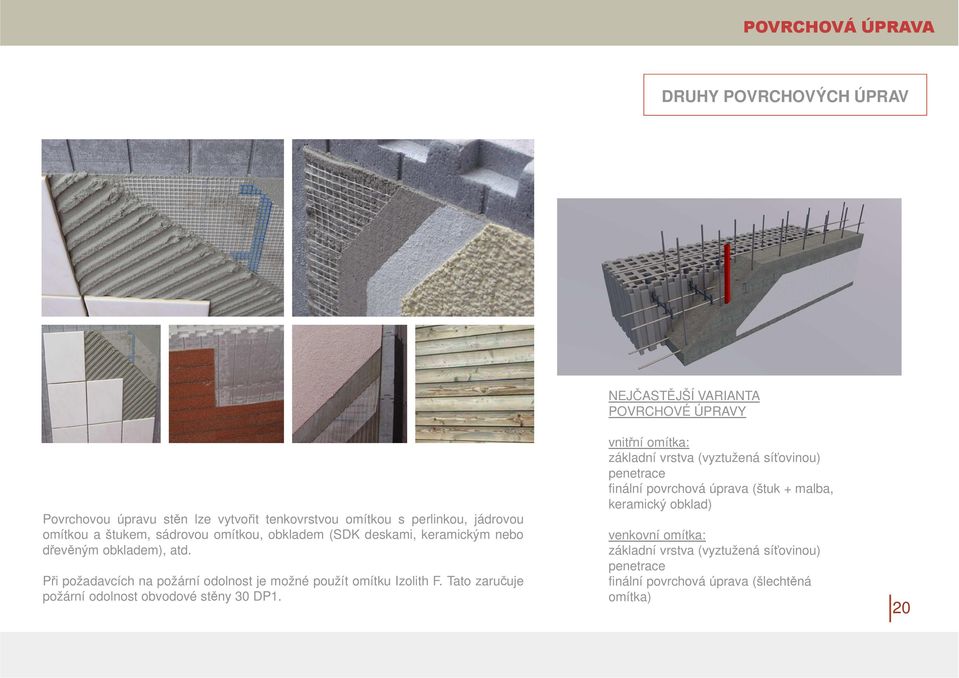 Při požadavcích na požární odolnost je možné použít omítku Izolith F. Tato zaručuje požární odolnost obvodové stěny 30 DP1.