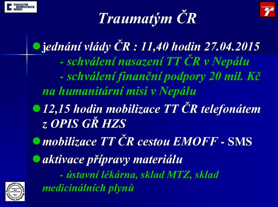 Kč na humanitární misi v Nepálu 12,15 hodin mobilizace TT ČR telefonátem z OPIS GŘ