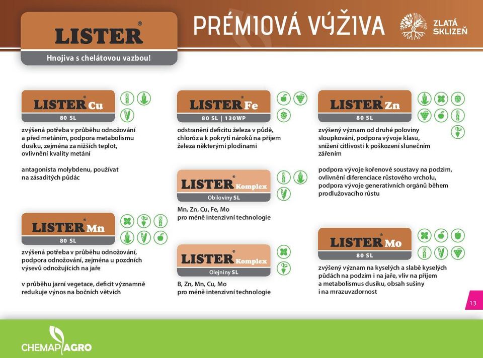 S L 1 3 0 W P odstranění deficitu železa v půdě, chloróz a k pokrytí nároků na příjem železa některými plodinami Obiloviny SL Mn, Zn, Cu, Fe, Mo pro méně intenzivní technologie 8 0 S L zvýšený význam