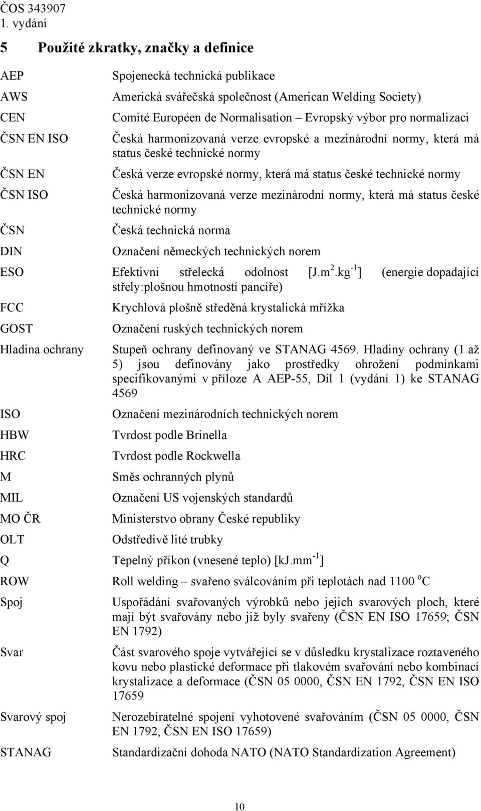 normy Česká harmonizovaná verze mezinárodní normy, která má status české technické normy ČSN Česká technická norma DIN Označení německých technických norem ESO Efektivní střelecká odolnost [J.m 2.