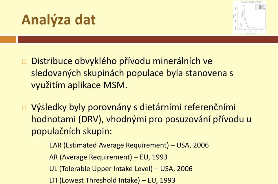 Výsledky byly porovnány s dietárními referenčními hodnotami (DRV), vhodnými pro posuzování přívodu u