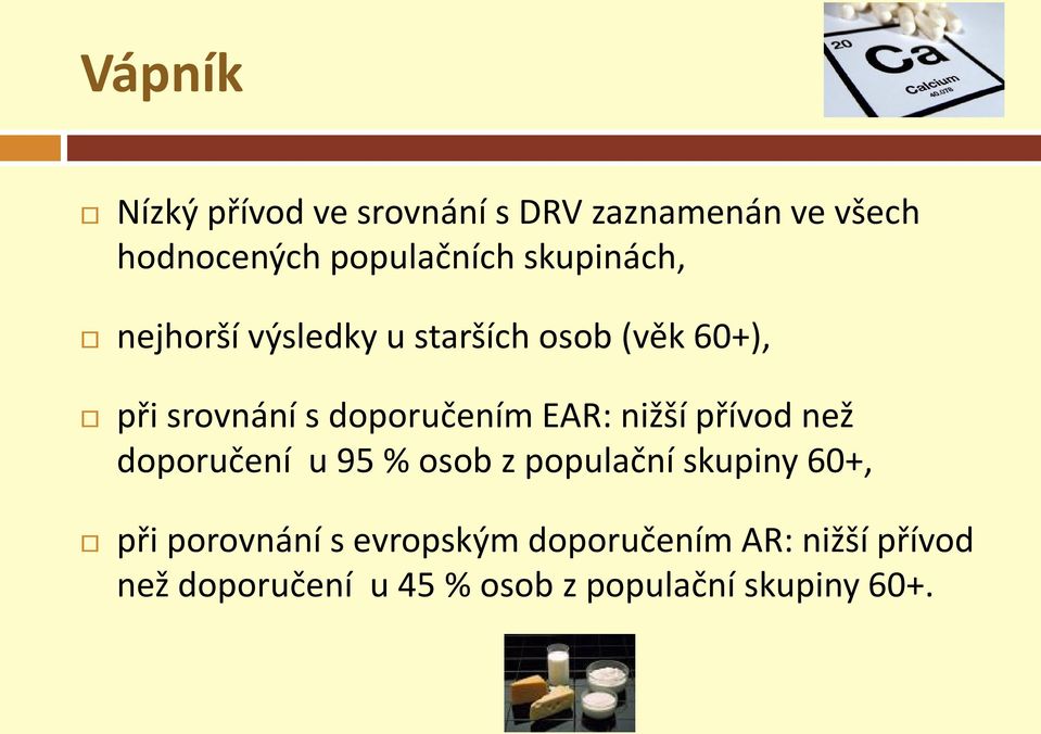 EAR: nižší přívod než doporučení u 95 % osob z populační skupiny 60+, při porovnání s