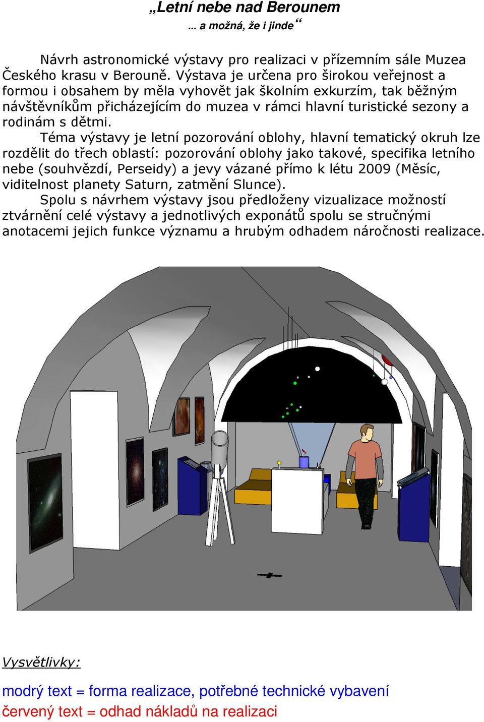 Téma výstavy je letní pozorování oblohy, hlavní tematický okruh lze rozdělit do třech oblastí: pozorování oblohy jako takové, specifika letního nebe (souhvězdí, Perseidy) a jevy vázané přímo k létu