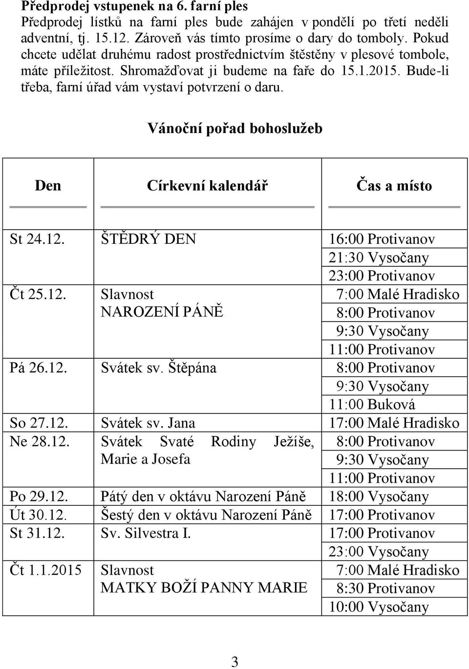 Vánoční pořad bohoslužeb Den Církevní kalendář Čas a místo St 24.12. ŠTĚDRÝ DEN 16:00 Protivanov 21:30 Vysočany 23:00 Protivanov Čt 25.12. Slavnost NAROZENÍ PÁNĚ 7:00 Malé Hradisko 8:00 Protivanov 9:30 Vysočany 11:00 Protivanov Pá 26.