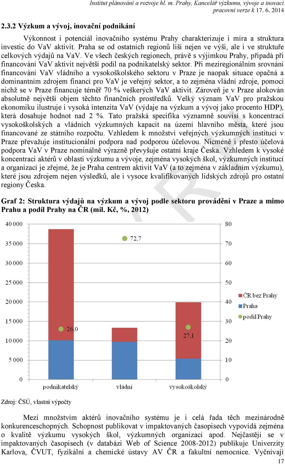 Praha se od ostatních regionů liší nejen ve výši, ale i ve struktuře celkových výdajů na VaV.