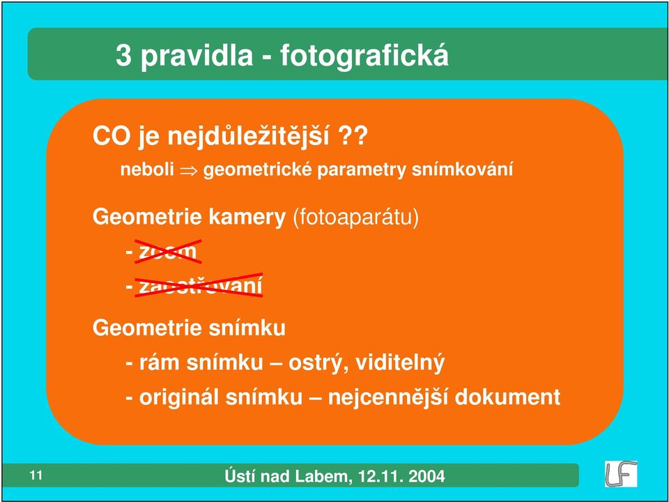 kamery (fotoaparátu) - zoom - zaostování Geometrie