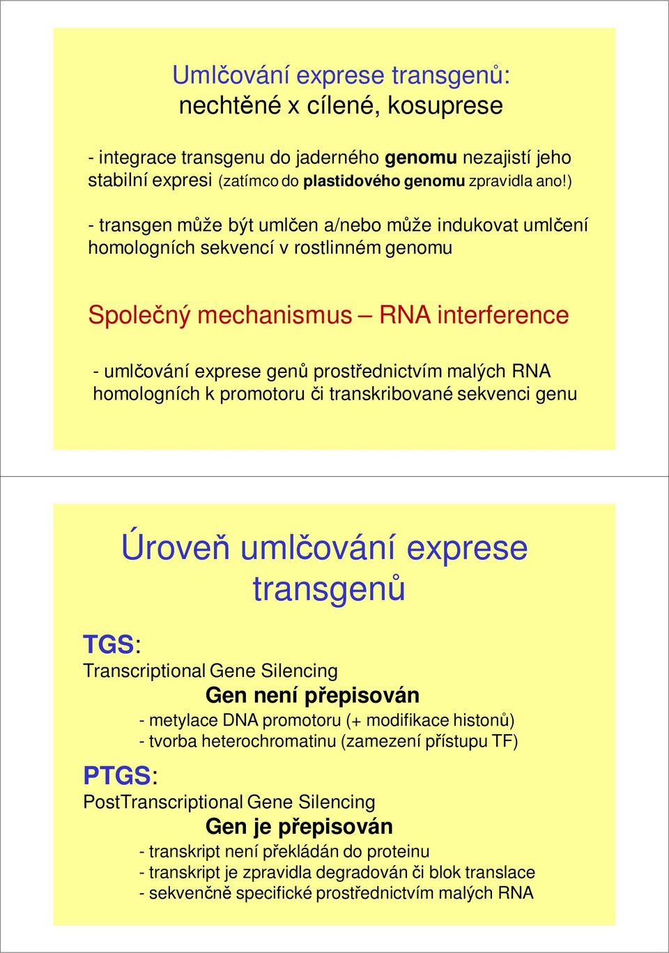 homologních k promotoru či transkribované sekvenci genu Úroveň umlčování exprese transgenů TGS: Transcriptional Gene Silencing Gen není přepisován - metylace DNA promotoru (+ modifikace histonů) -