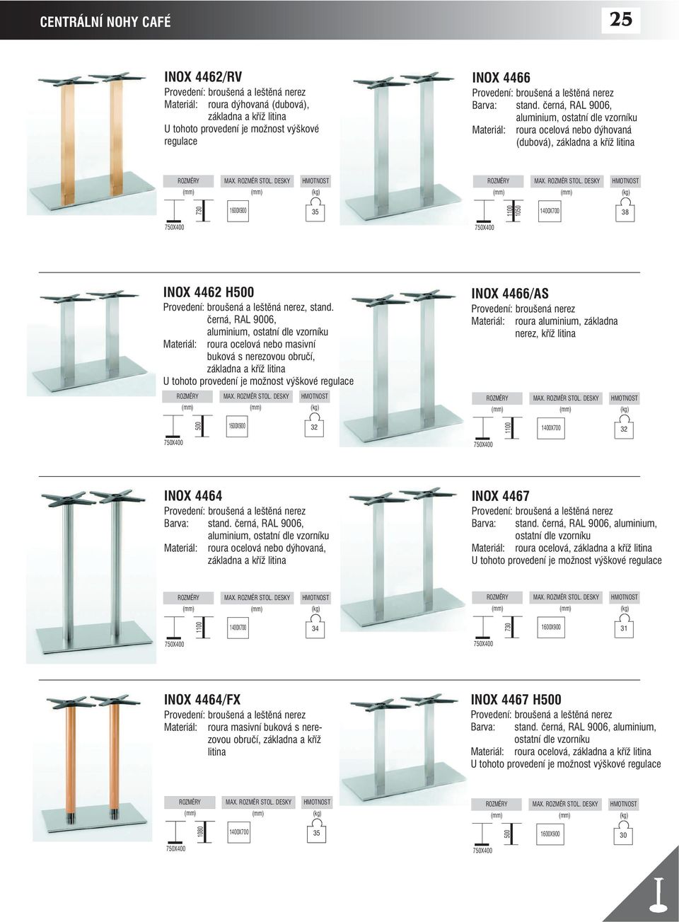 černá, RAL 9006, roura ocelová nebo masivní buková s nerezovou obručí, základna a kříž INOX 4466/AS roura aluminium, základna nerez, kříž 1600X900 32 1X700 32 750X 750X INOX