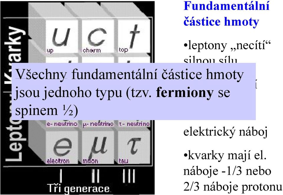 fermiony se velmi malou spinem ½) hmotnost a 0 neutrina mají