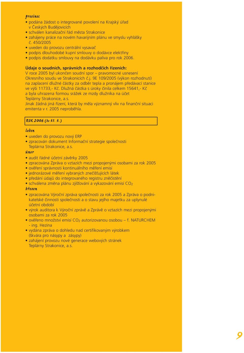 Údaje o soudních, správních a rozhodčích řízeních: V roce 2005 byl ukončen soudní spor pravomocné usnesení Okresního soudu ve Strakonicích č.j. 9E 109/2005 (výkon rozhodnutí) na zaplacení dlužné částky za odběr tepla a pronájem předávací stanice ve výši 11733,- Kč.