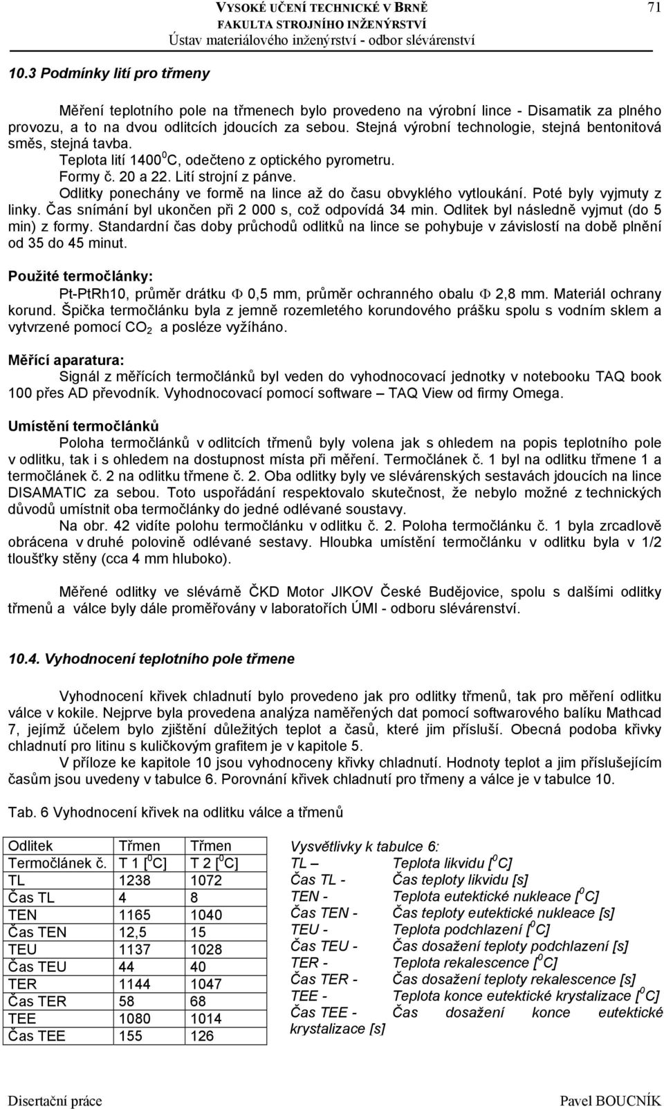 Odlitky ponechány ve formě na lince až do času obvyklého vytloukání. Poté byly vyjmuty z linky. Čas snímání byl ukončen při 2 000 s, což odpovídá 34 min.