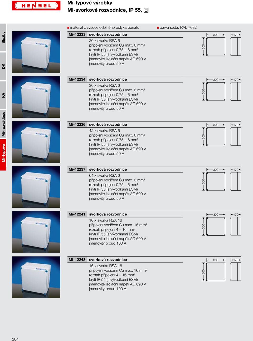 6 mm² rozsah připojení 0,75 6 mm² krytí IP 55 (s vývodkami ESM) jmenovité izolační napětí AC 690 V jmenovitý proud 50 A Mi-12236 svorková rozvodnice 42 x svorka RSA 6 připojení vodičem Cu max.