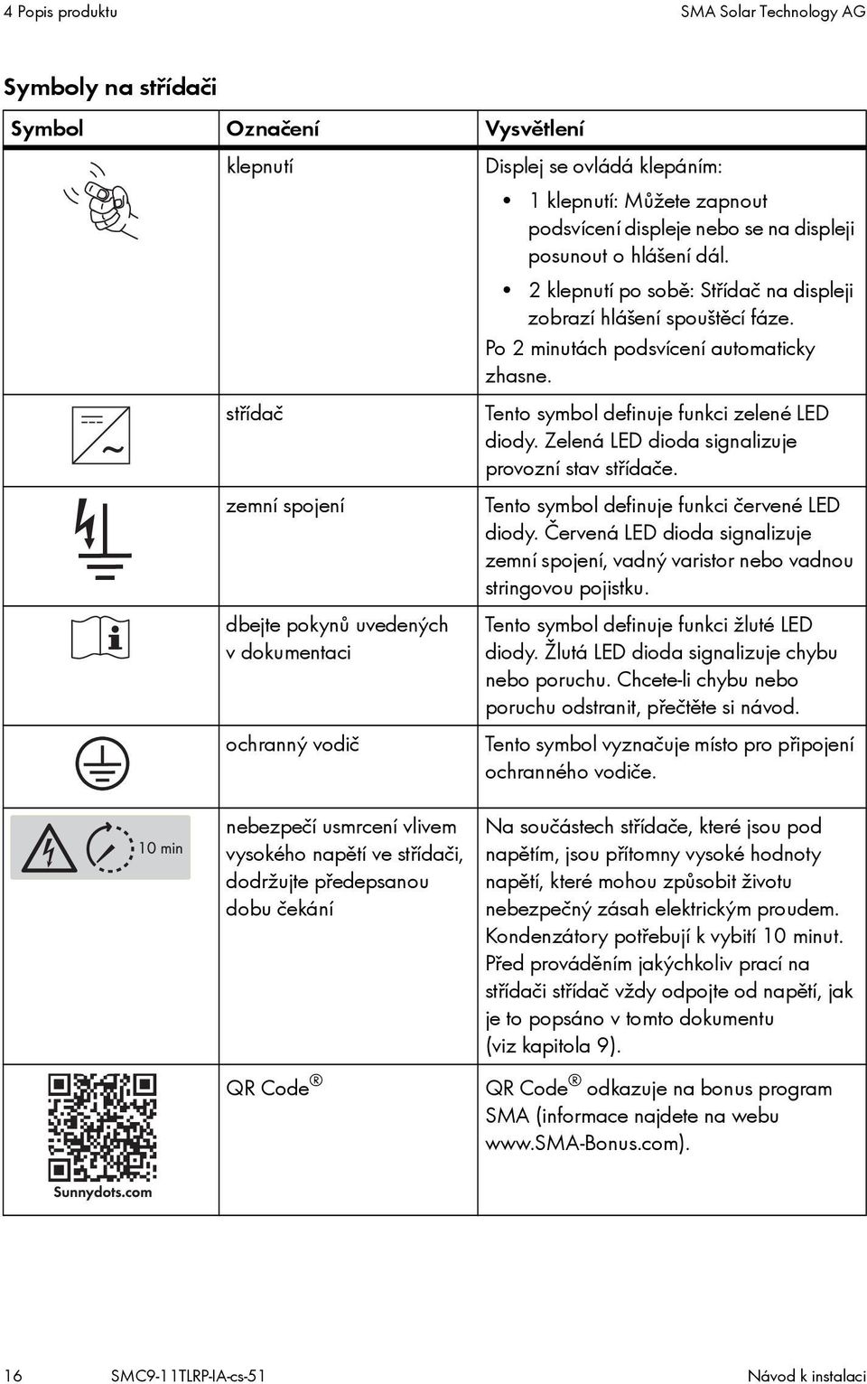 Zelená LED dioda signalizuje provozní stav střídače. zemní spojení Tento symbol definuje funkci červené LED diody.