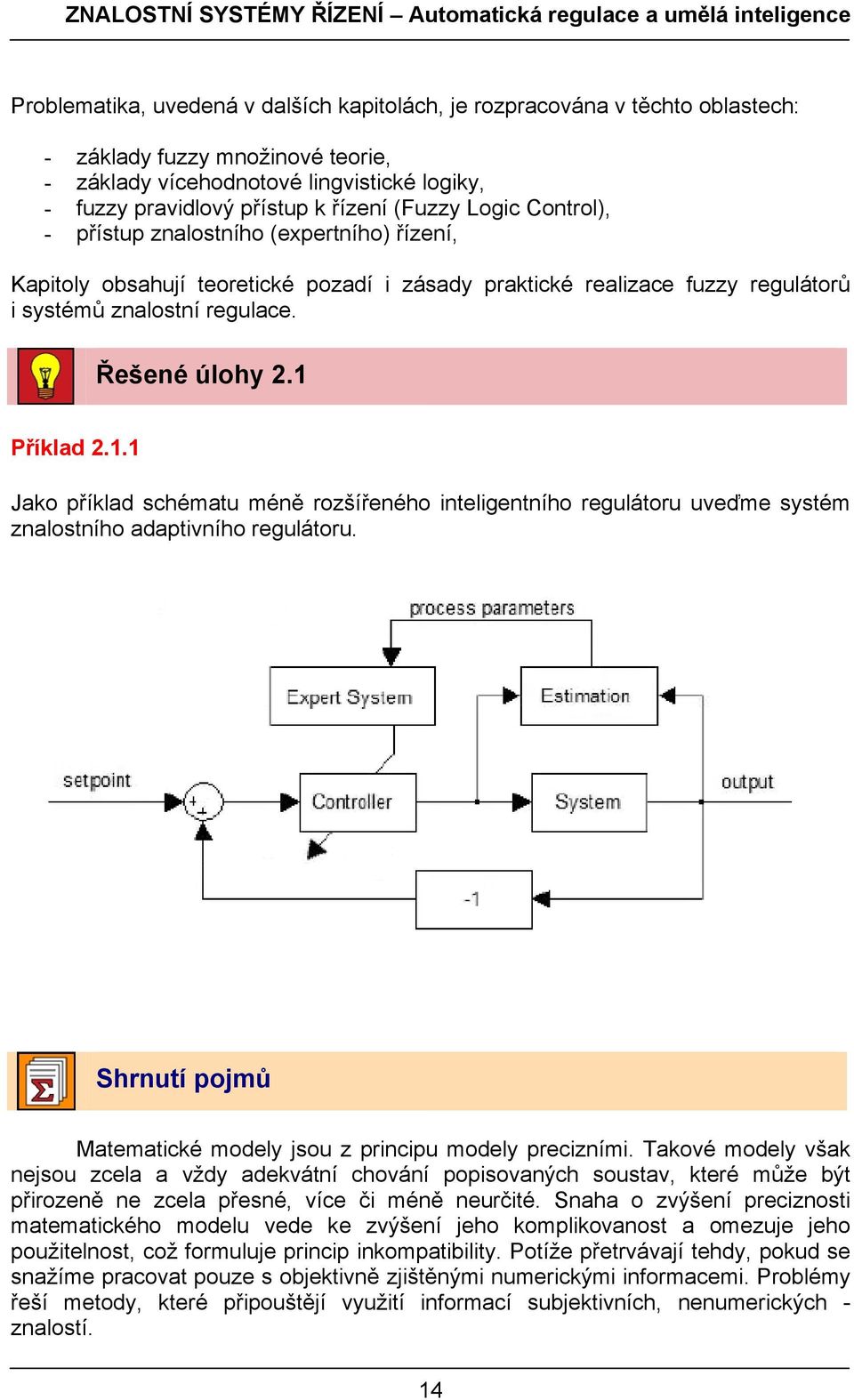 realizace fuzzy regulátorů i systémů znalostní regulace. Řešené úlohy 2.1 Příklad 2.1.1 Jako příklad schématu méně rozšířeného inteligentního regulátoru uveďme systém znalostního adaptivního regulátoru.