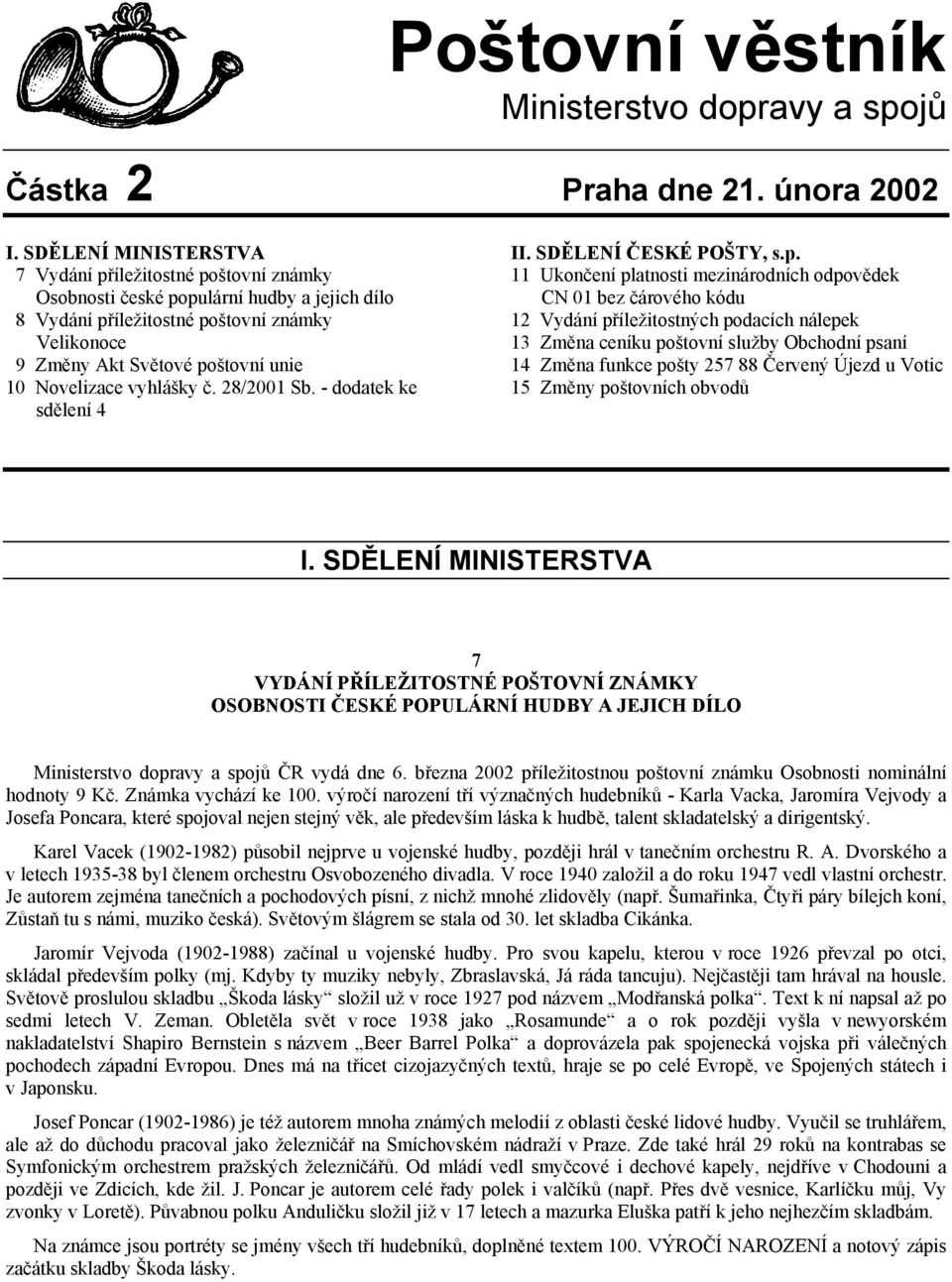 Novelizace vyhlášky č. 28/2001 Sb. - dodatek ke sdělení 4 II. SDĚLENÍ ČESKÉ POŠTY, s.p.