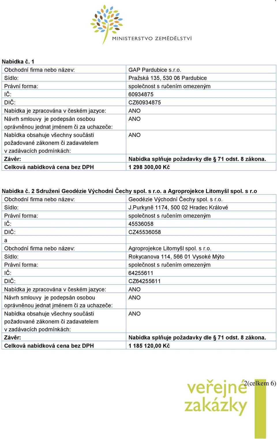 2 Sdružení Geodézie Východní Čechy spol. s r.o. Agroprojekce Litomyšl spol. s r.o IČ: 45536058 Geodézie Východní Čechy spol.