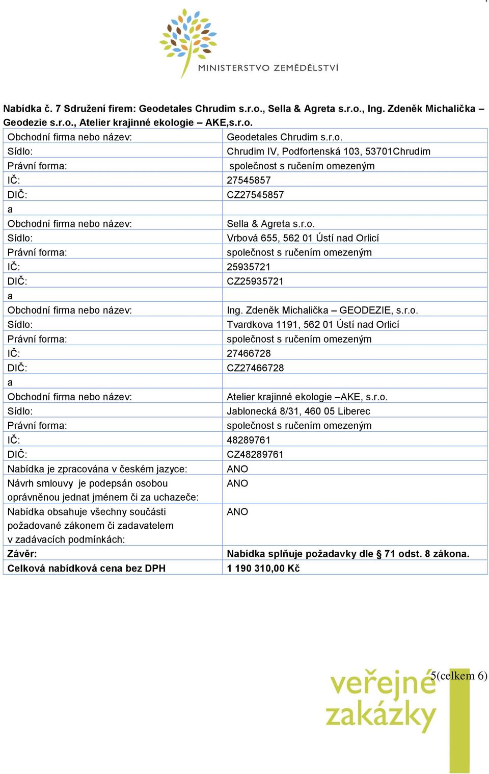 Zdeněk Michličk GEODEZIE, s.r.o. Tvrdkov 1191, 562 01 Ústí nd Orlicí CZ27466728 IČ: 48289761 Atelier krjinné ekologie AKE, s.r.o. Jblonecká 8/31, 460 05 Liberec CZ48289761 1 190 310,00 Kč 5(celkem 6)