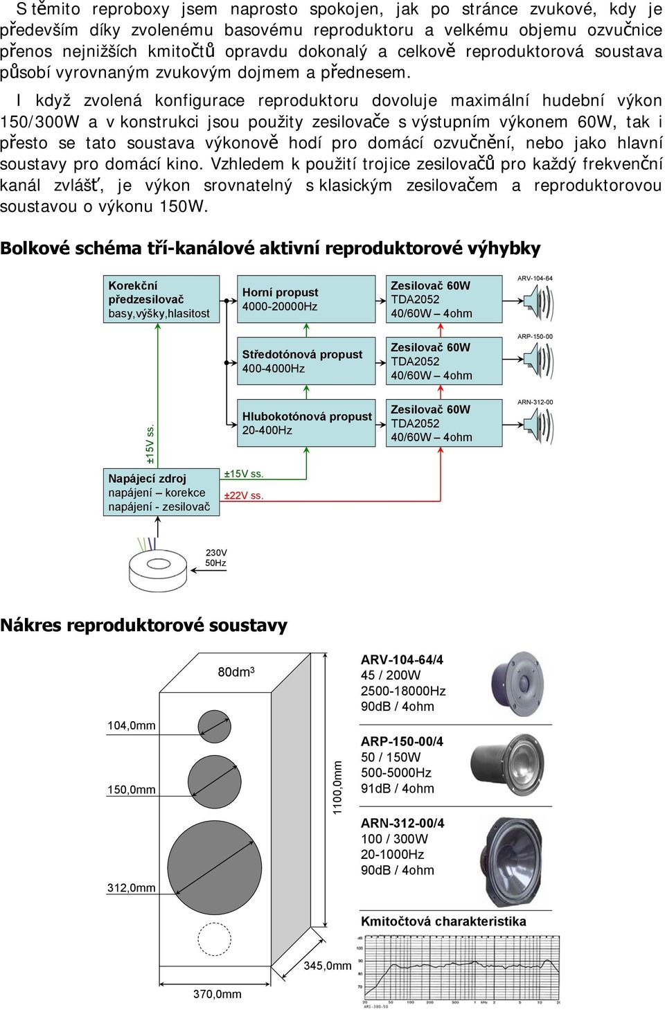 I když zvolená konfigurace reproduktoru dovoluje maximální hudební výkon 150/300W a v konstrukci jsou použity zesilovače s výstupním výkonem 60W, tak i přesto se tato soustava výkonově hodí pro