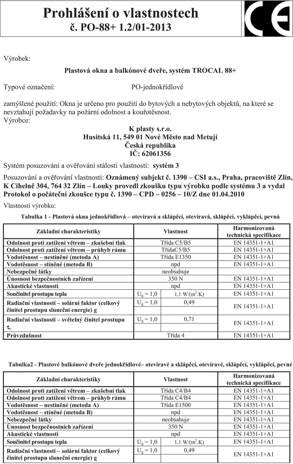 požární odolnost a kou ot snost. Protokol o po áte ní zkoušce typu. 1390 CPD 0256 10/Z dne 01.04.