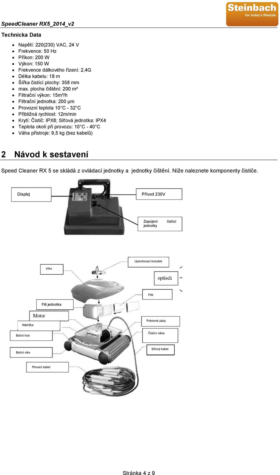 okolí při provozu: 10 C - 40 C Váha přístroje: 9,5 kg (bez kabelů) 2 Návod k sestavení Speed Cleaner RX 5 se skládá z ovládací jednotky a jednotky čištění.