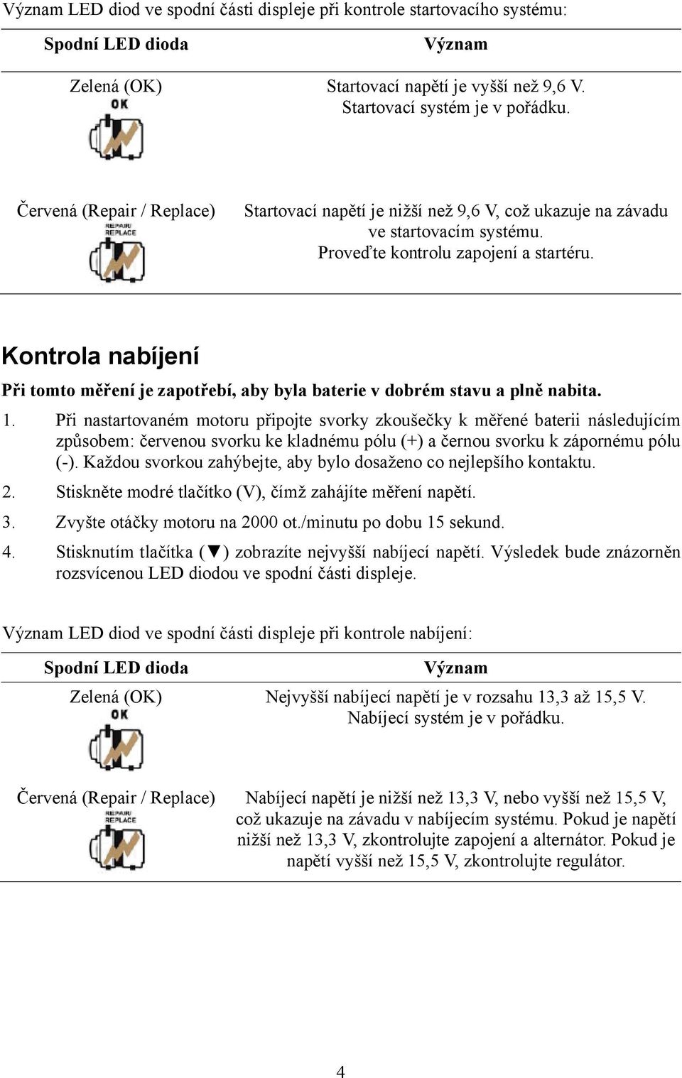 Kontrola nabíjení Při tomto měření je zapotřebí, aby byla baterie v dobrém stavu a plně nabita. 1.