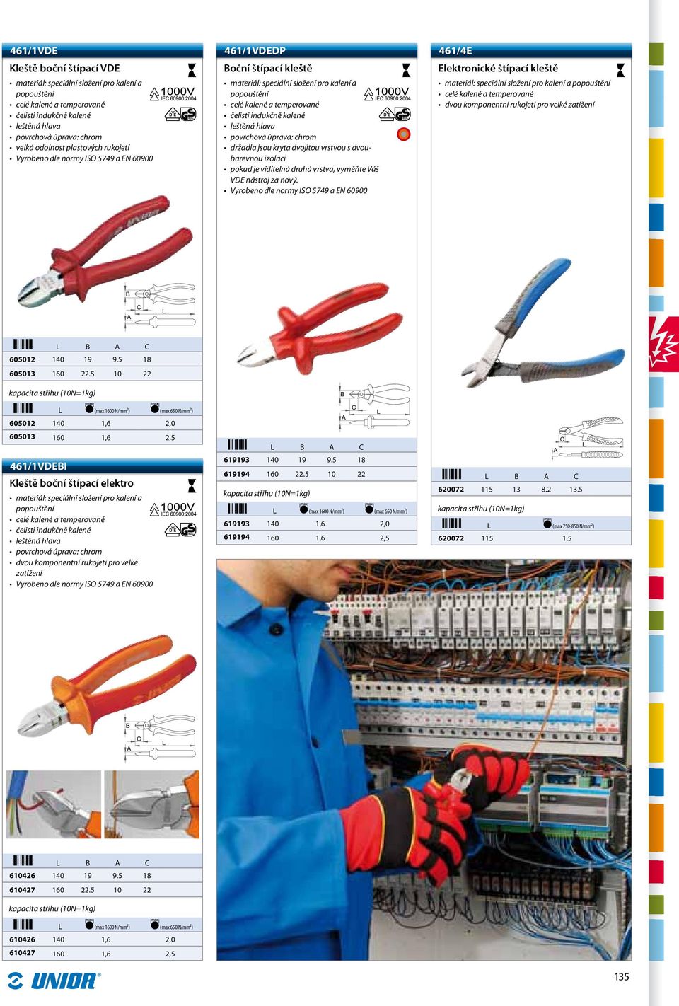 5 10 22 (max 1600 N/mm²) (max 650 N/mm²) 605012 140 1,6 2,0 605013 160 1,6 2,5 461/1VDEBI Kleště boční štípací elektro dvou komponentní rukojeti pro velké zatížení Vyrobeno dle normy ISO 5749 a EN