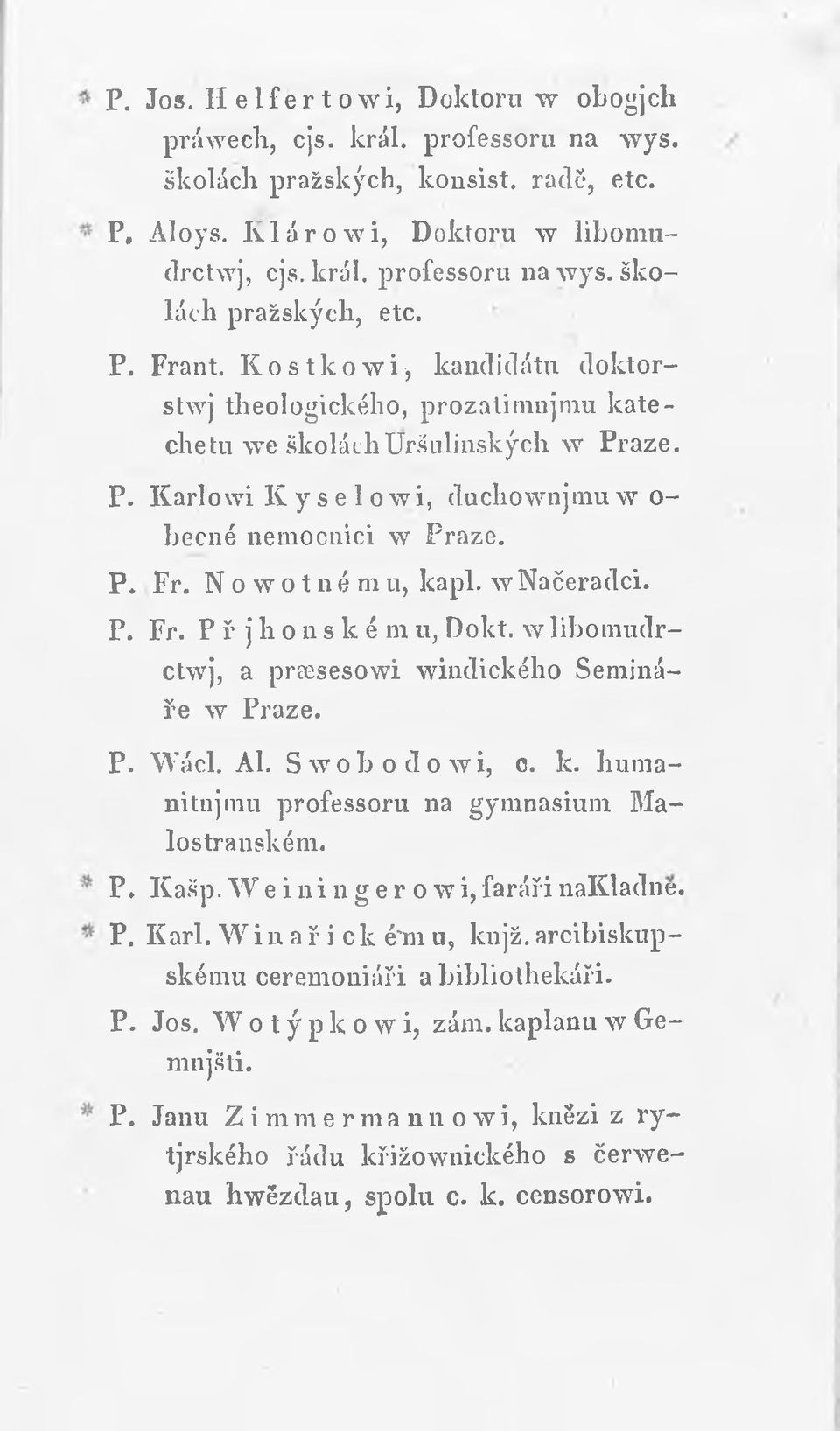 wnačeradci. P. Fr. P ř j h o n s k é m u, Dolet, w libomudr- ctwj, a praesesowi windického Semináře w Praze. P. Wácl. AI. Swobodowi, c. k. humanitnjmu professoru na gymnasium Malostranském. P. Kašp.