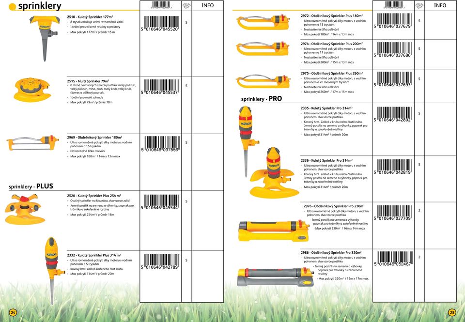 díky motoru s vodním pohonem a 7 tryskám - Nastavitelná šířka zalévání - Max pokrytí 00m / m x 3m max 97 - Obdélníkový Sprinkler Plus 0m - Multi Sprinkler 79m - 8 různě tvarovaných vzorců postřiku: