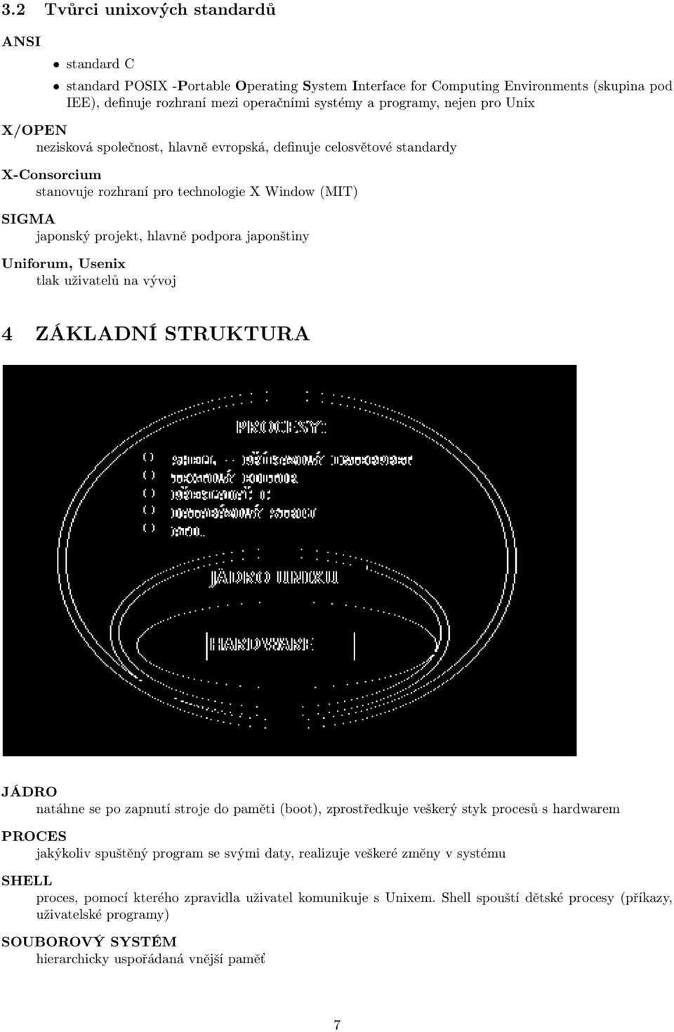 japonštiny Uniforum, Usenix tlak uživatelů na vývoj 4 ZÁKLADNÍ STRUKTURA JÁDRO natáhne se po zapnutí stroje do paměti (boot), zprostředkuje veškerý styk procesů s hardwarem PROCES jakýkoliv spuštěný